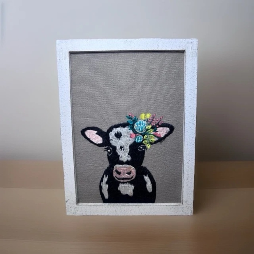 Charming Cow Embroidery Wall Art - White Frame